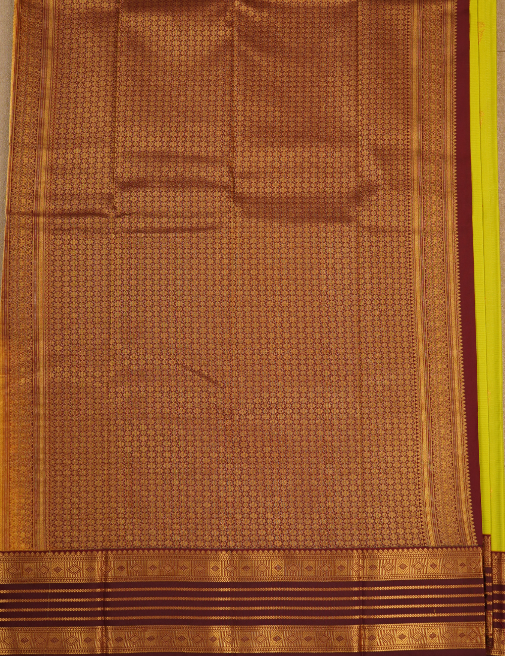Lime Green Soft Semi Silk Kanchipuram Saree with Maroon Korvai Zari Border