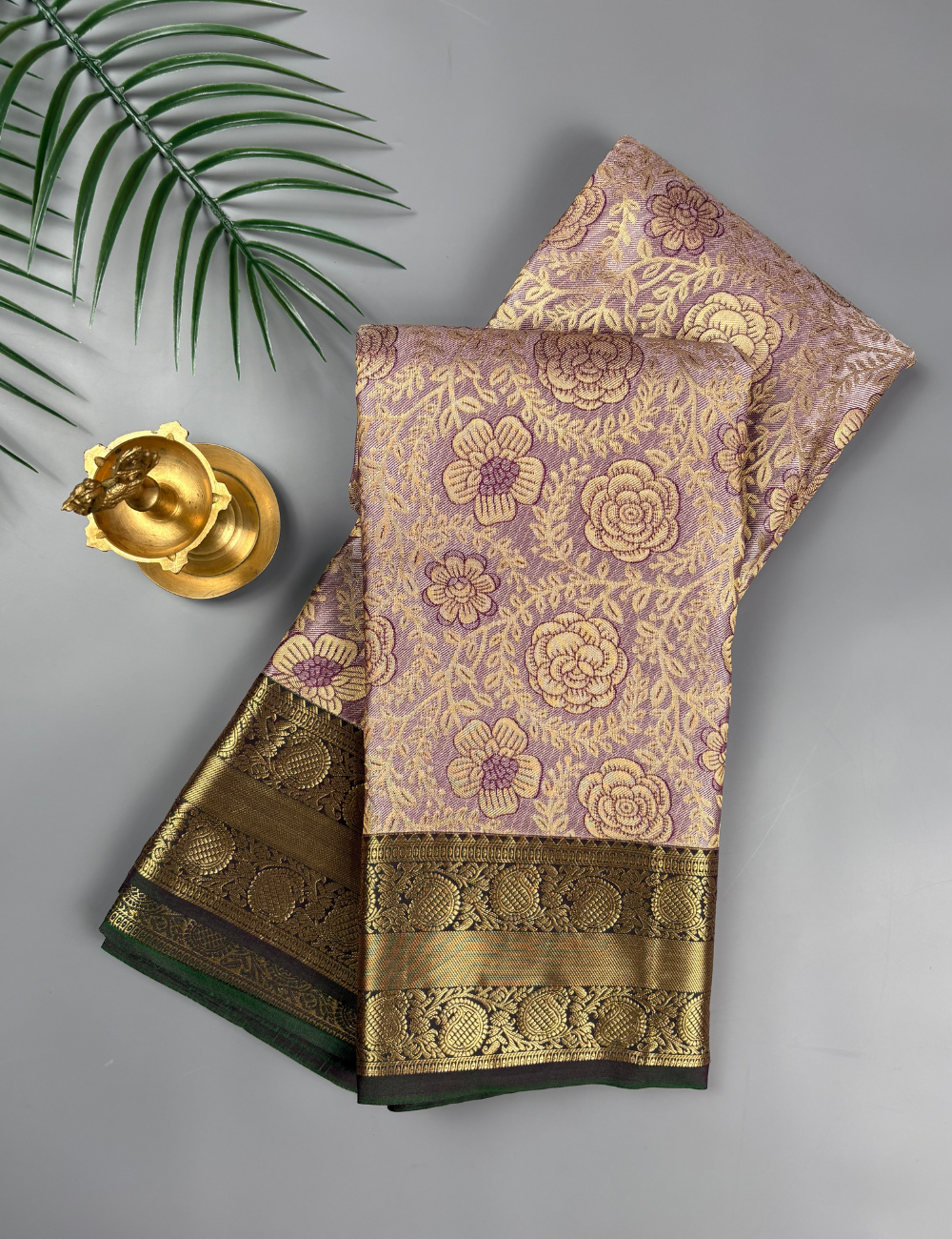 Lilac Soft Semi Silk Kanjivaram Saree with Antique Gold Floral Border