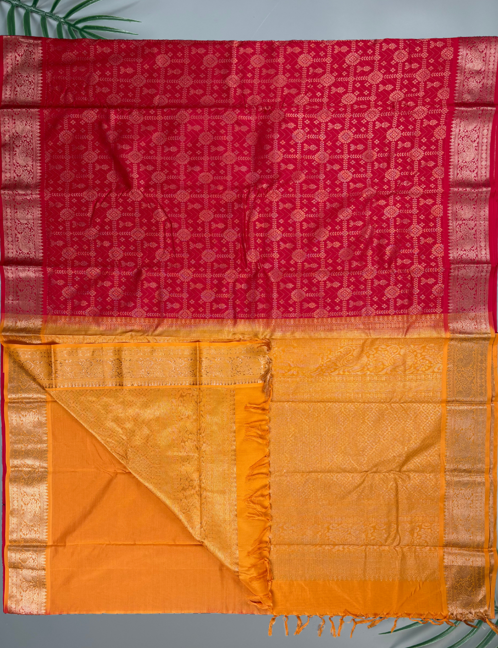 Vibrant Red Kanjivaram Silk Cotton Saree with Gold Floral Zari Weave
