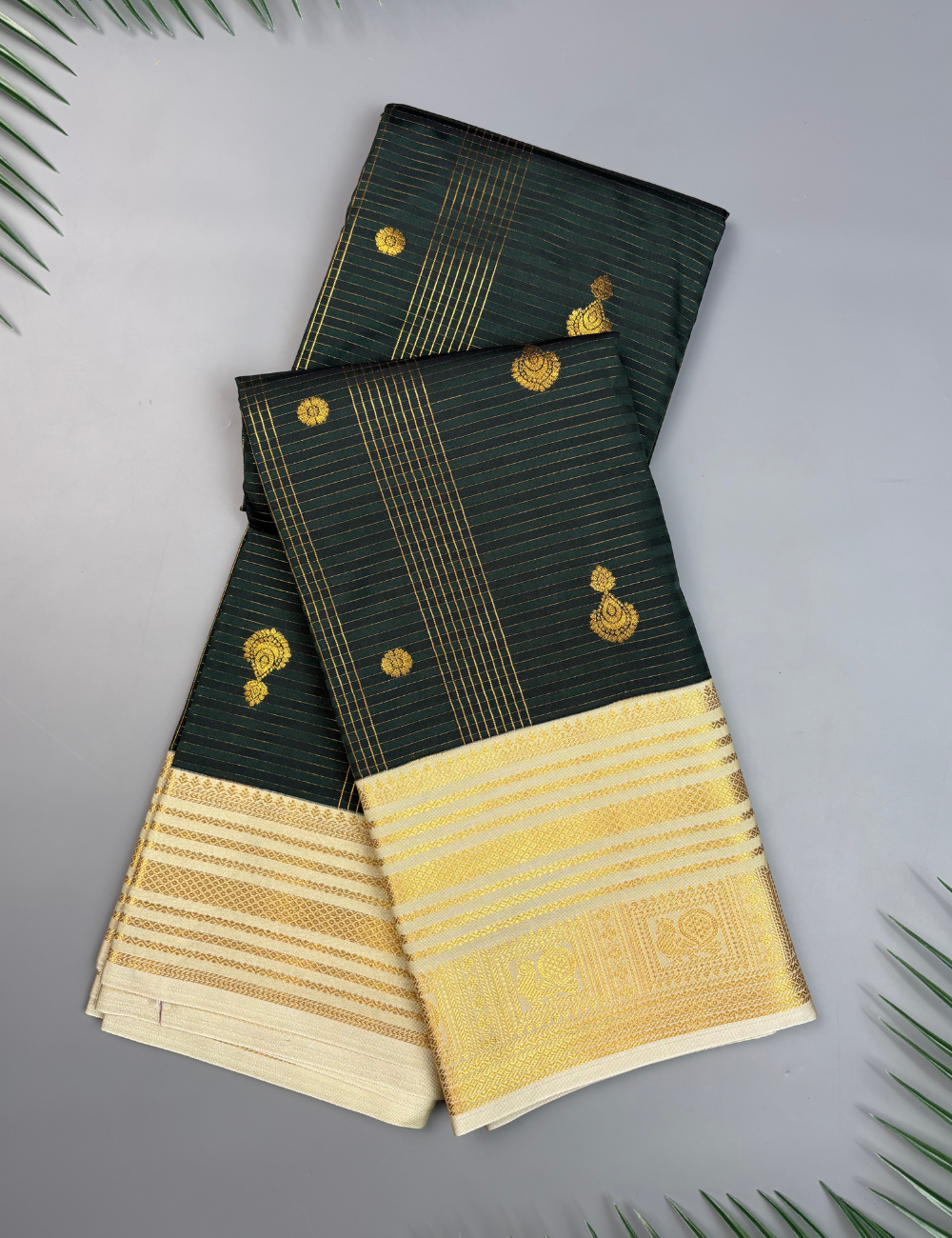 Deep bottle green soft semi silk kanjivaram saree with off white korvai border