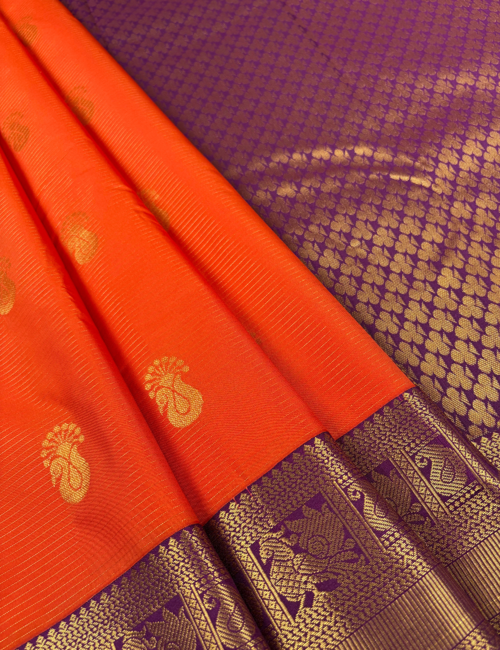 Vermilion Orange Soft Semi Silk Kanjivaram Saree with Purple Korvai Zari Border Saree