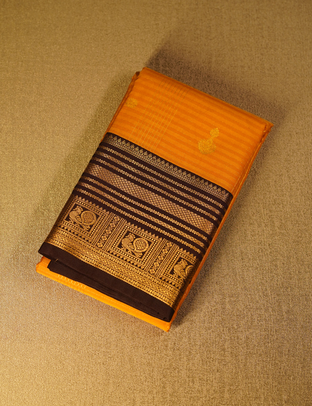 Mustard Yellow Soft Semi Silk Kanjivaram Saree with Dark Coffee Brown Border