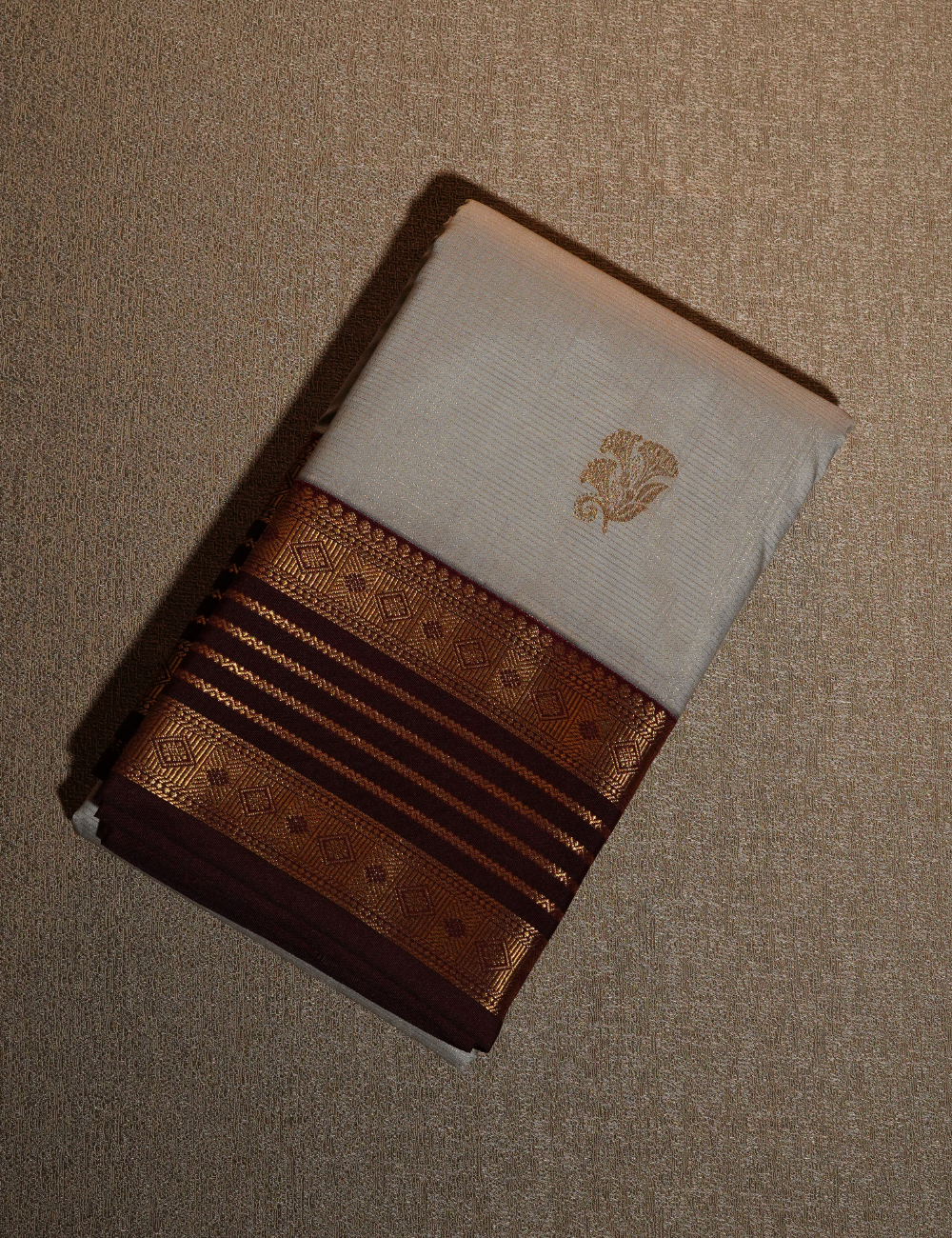 Light Grey Semi Silk Kanjivaram Saree with Brown Korvai Zari Border
