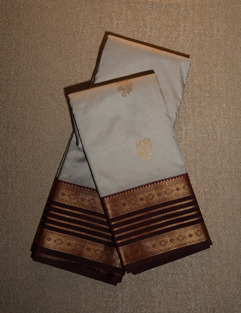 Light Grey Semi Silk Kanjivaram Saree with Brown Korvai Zari Border