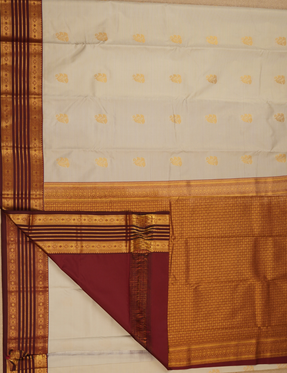 Light Grey Semi Silk Kanjivaram Saree with Brown Korvai Zari Border