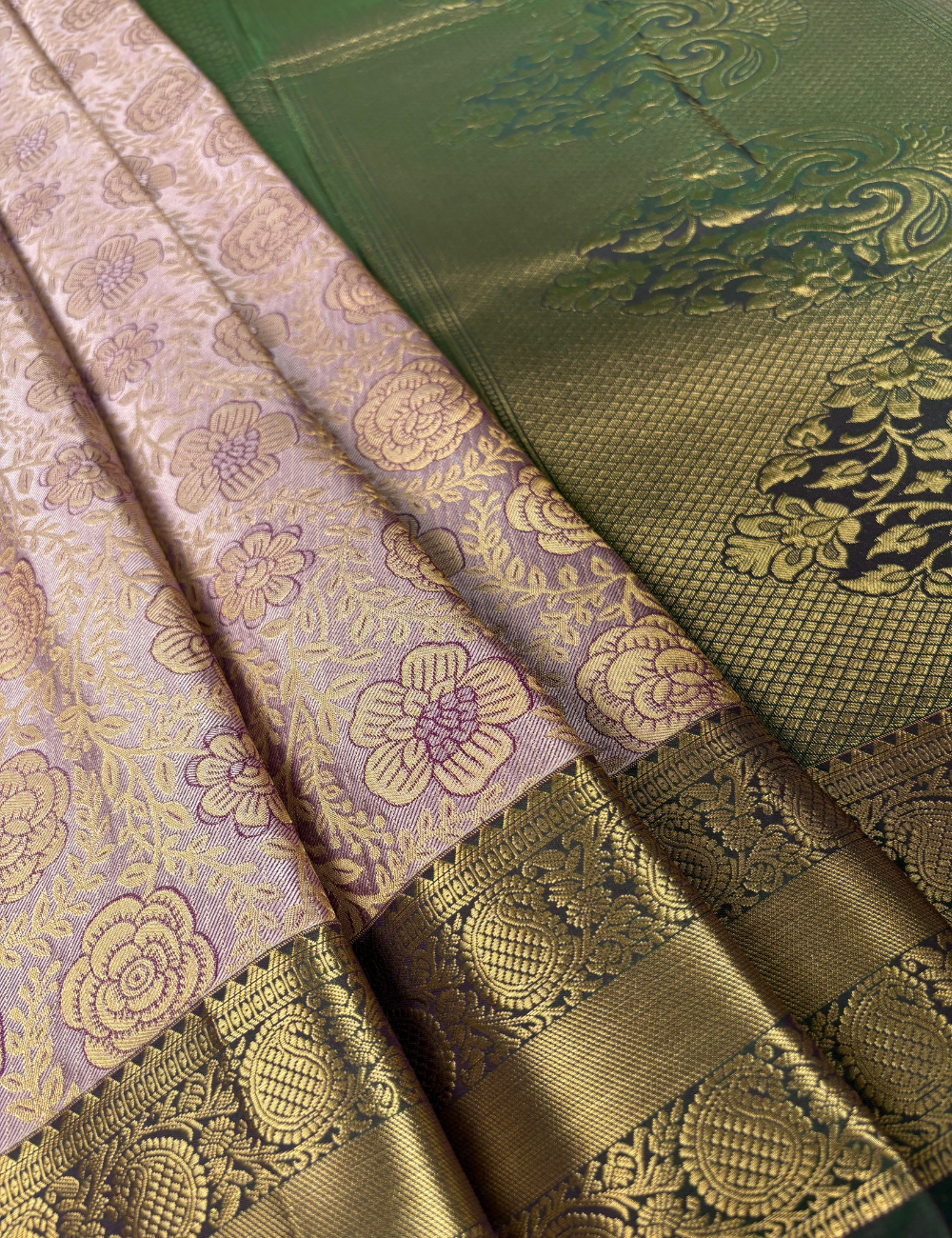 Lilac Soft Semi Silk Kanjivaram Saree with Antique Gold Floral Border