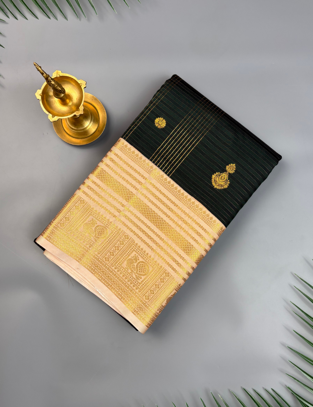 Bottle green soft semi silk kanjivaram saree with korvai peach border