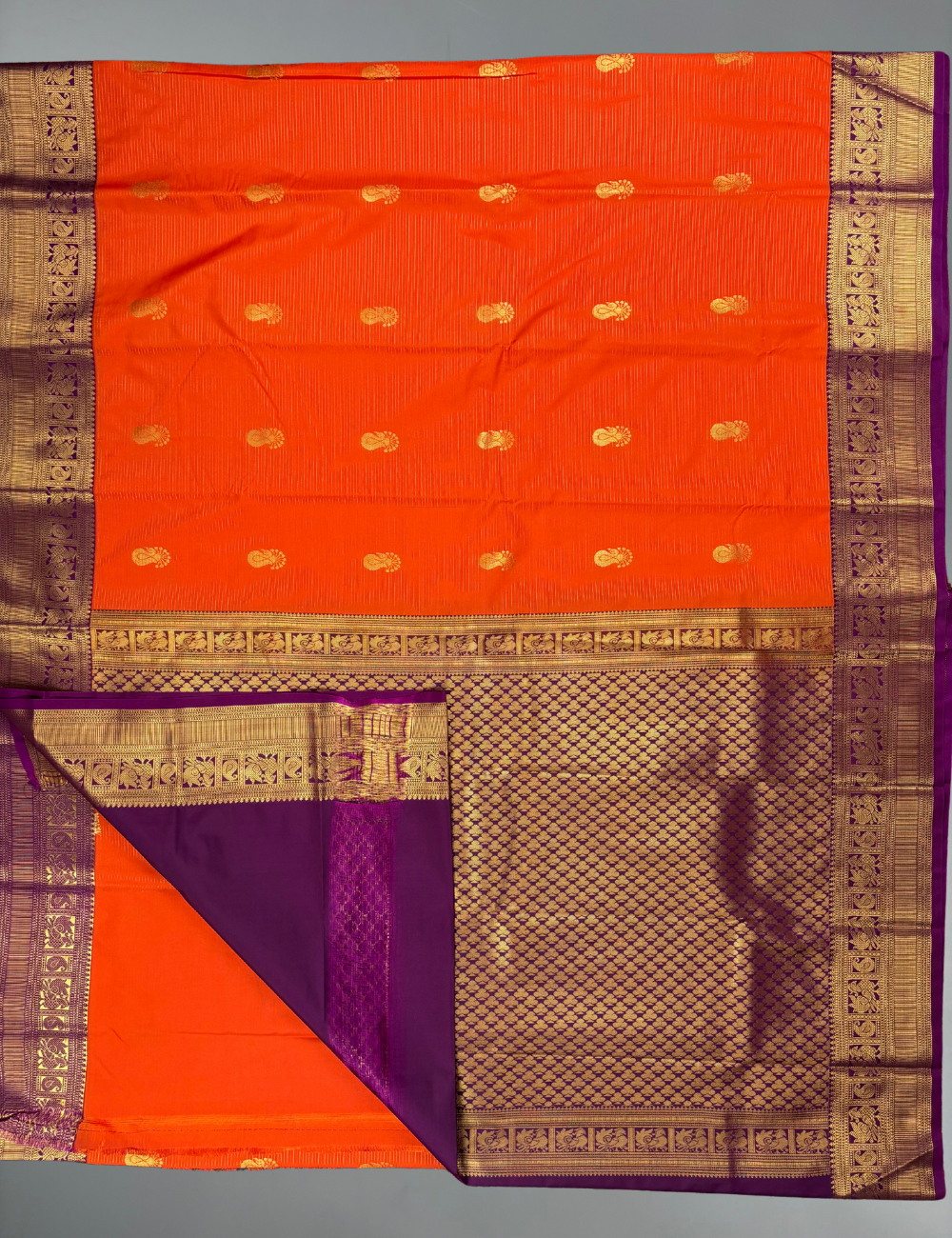 Vermilion Orange Soft Semi Silk Kanjivaram Saree with Purple Korvai Zari Border Saree