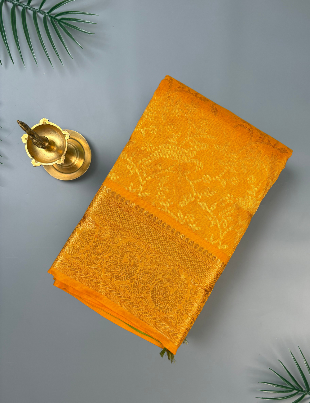 Mango Yellow Silk Cotton Kanjivaram Saree with Classic Green Rich Zari Border