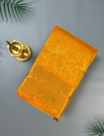 Mango Yellow Silk Cotton Kanjivaram Saree with Classic Green Rich Zari Border