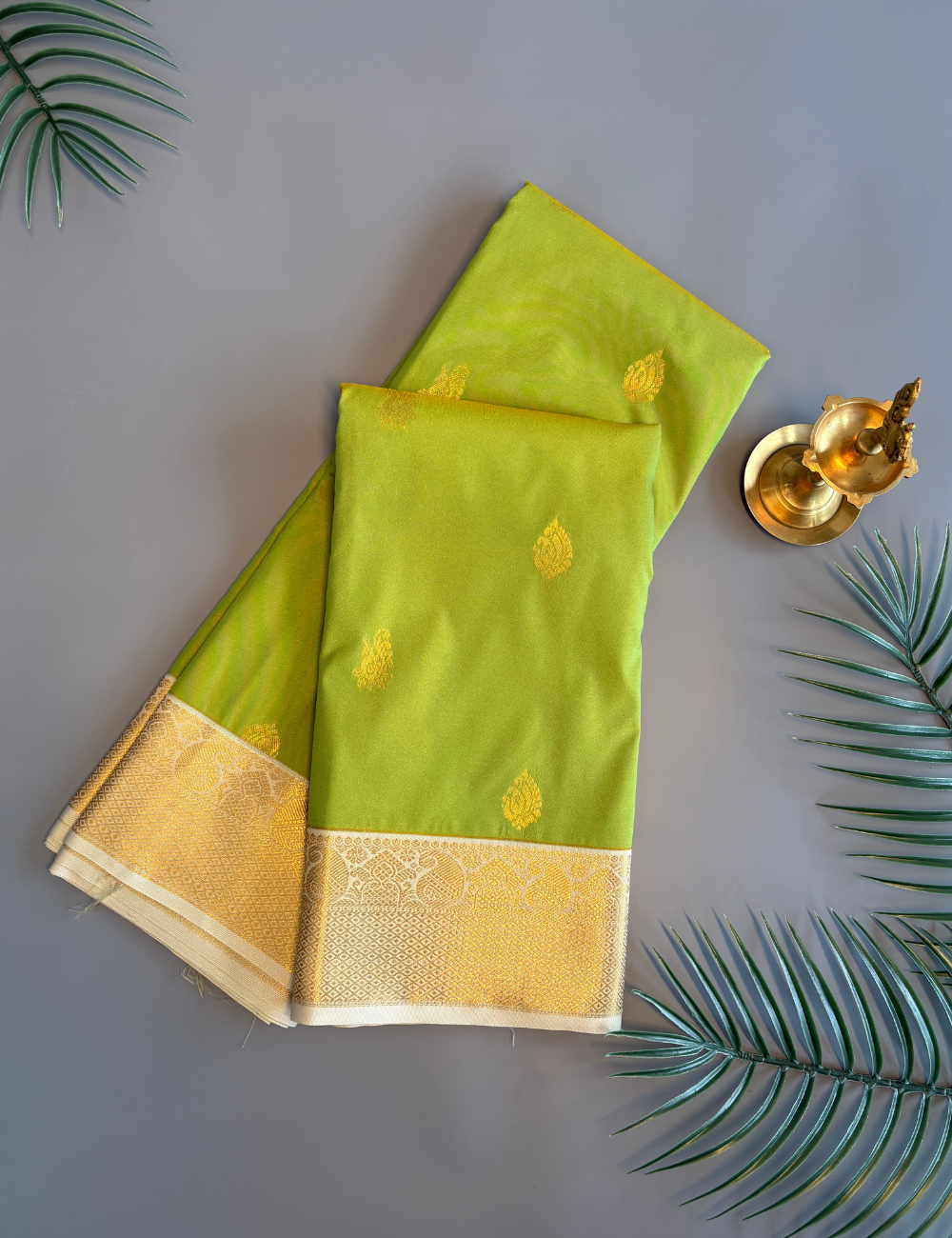 Parrot Green Soft Semi Silk Kanjivaram Saree with Ivory Zari Border