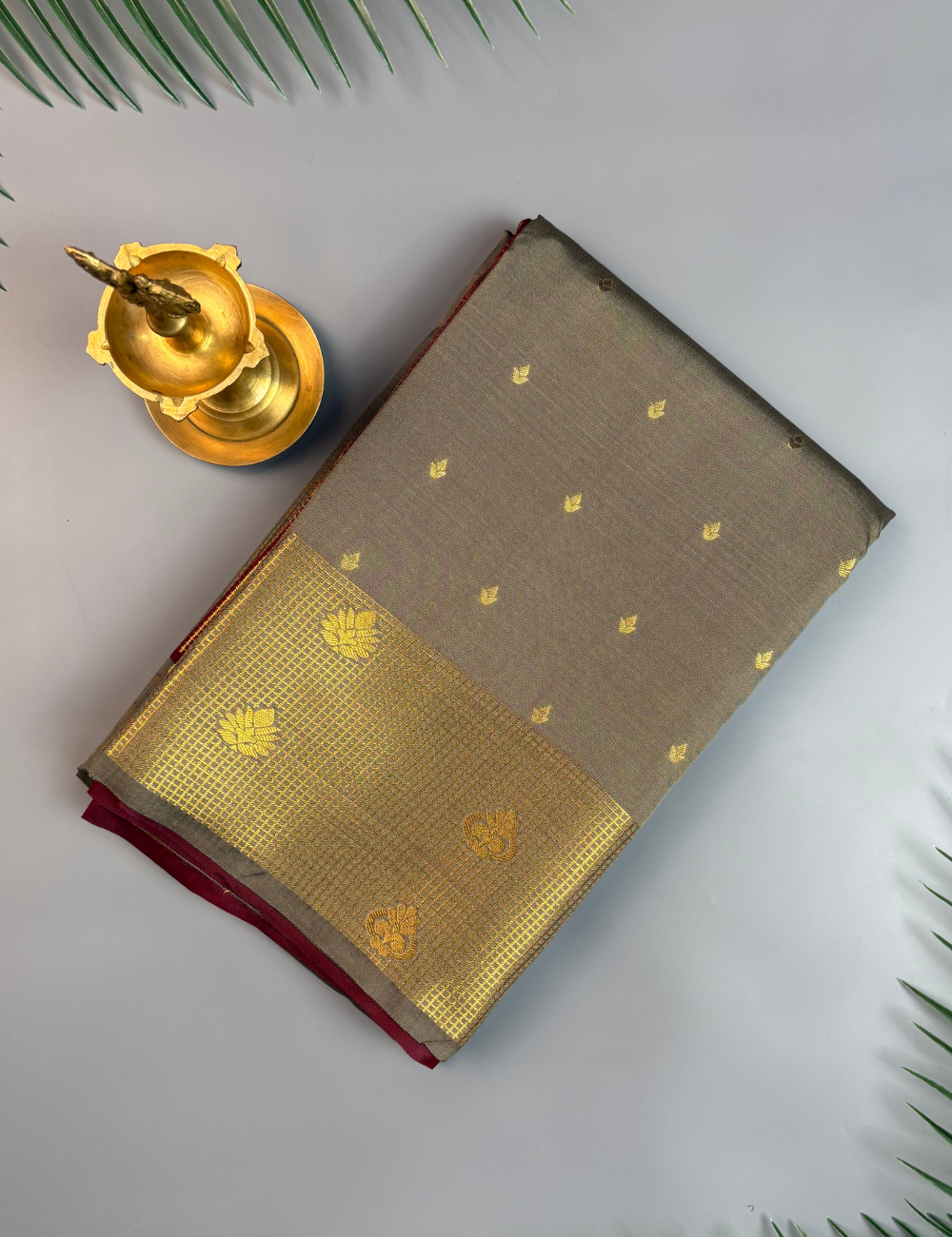 Olive Grey Semi Silk Saree with Rich Brocade Maroon Border
