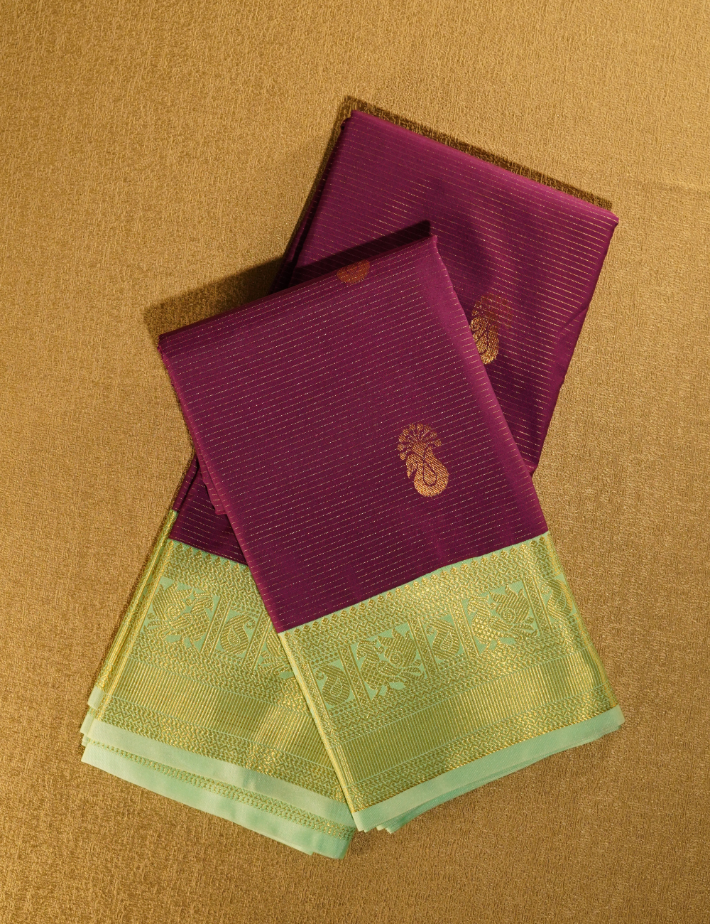 Magenta Soft Semi Silk Kanchipuram Saree with Pastel Green Gold Zari Border