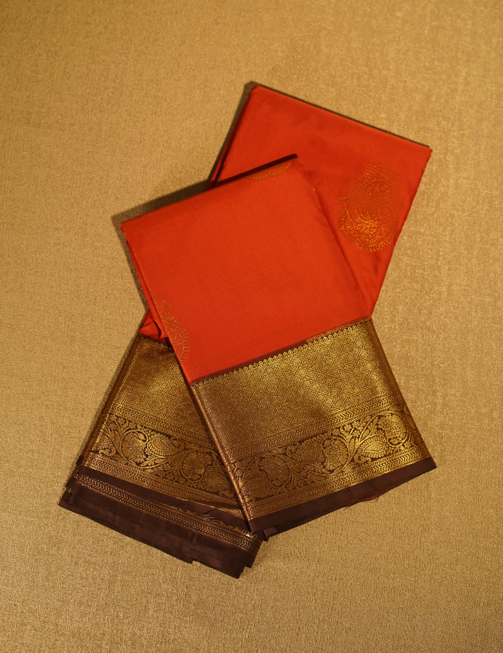 Rust Orange Soft Semi Silk Kanchipuram Saree with Brown Zari Border