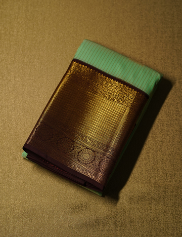 Pastel Mint Green Soft Kanjivaram Semi Silk Saree with Brown Zari Border