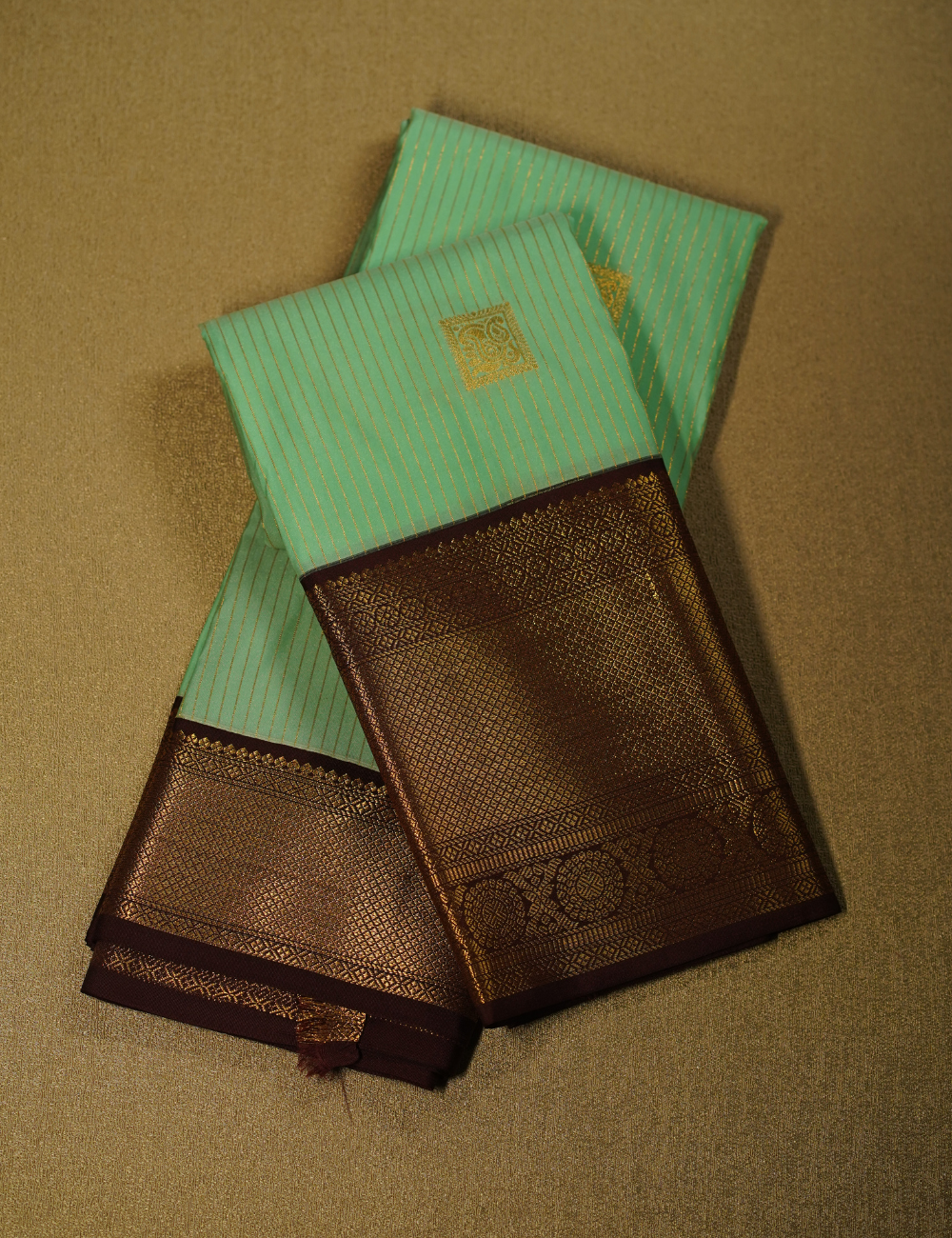 Pastel Mint Green Soft Kanjivaram Semi Silk Saree with Brown Zari Border
