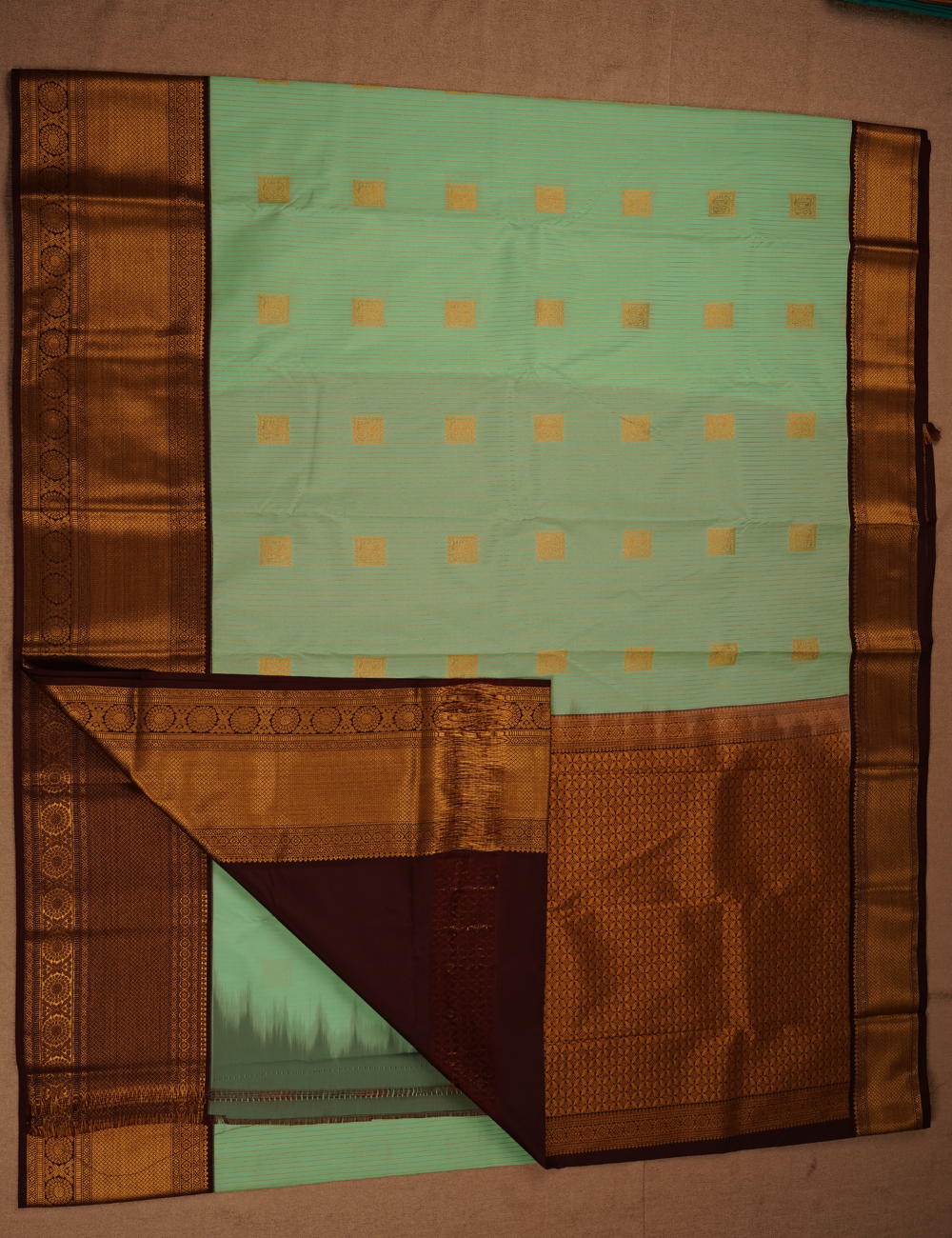 Pastel Mint Green Soft Kanjivaram Semi Silk Saree with Brown Zari Border