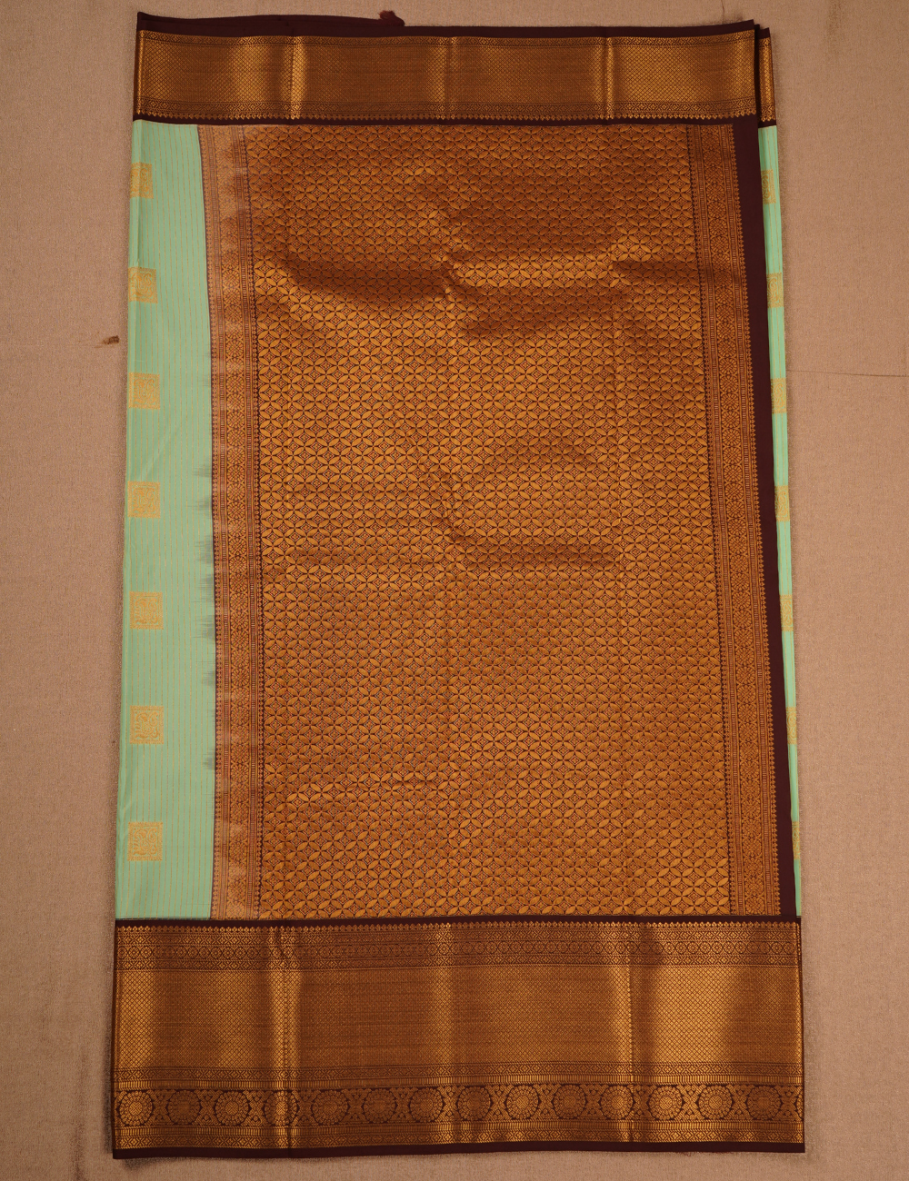 Pastel Mint Green Soft Kanjivaram Semi Silk Saree with Brown Zari Border