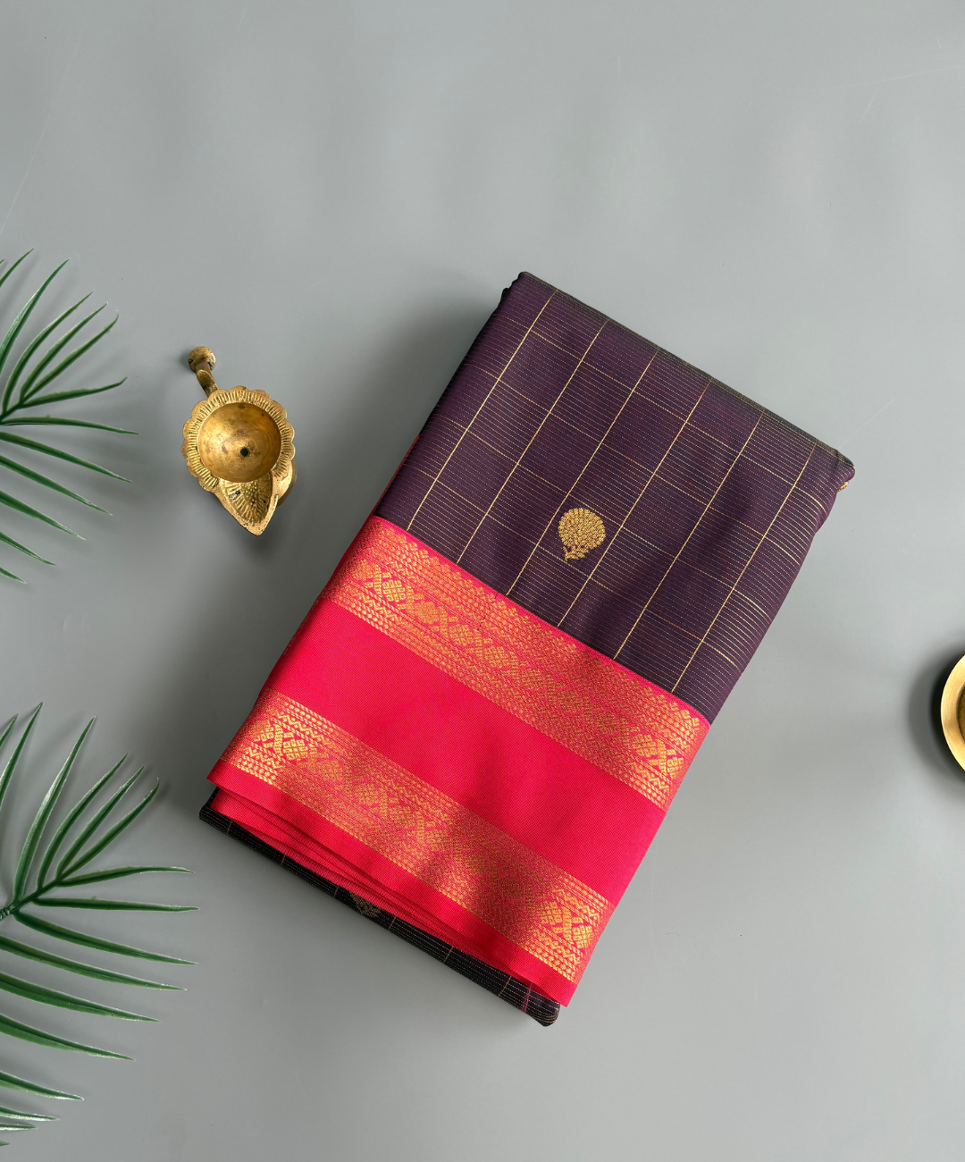 Wine purple soft kanjivaram semi silk saree with Rani Pink Korvai Border