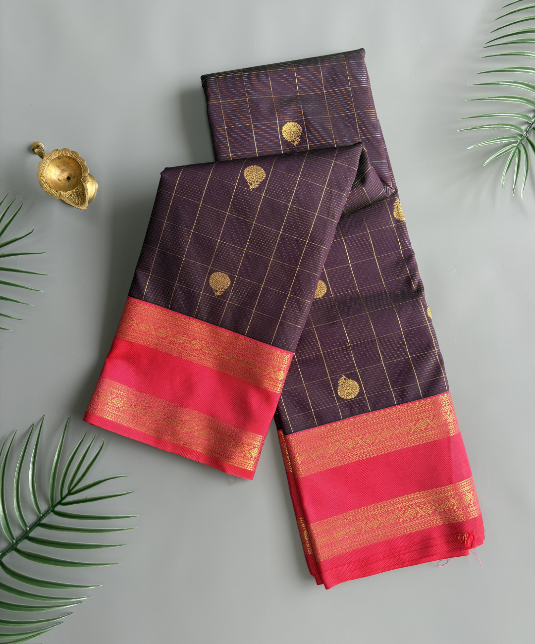 Wine purple soft kanjivaram semi silk saree with Rani Pink Korvai Border