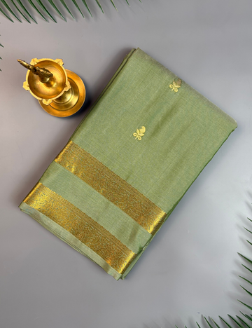 Sage Green Soft Semi Silk Saree with Gold Zari Border & Floral Buttis