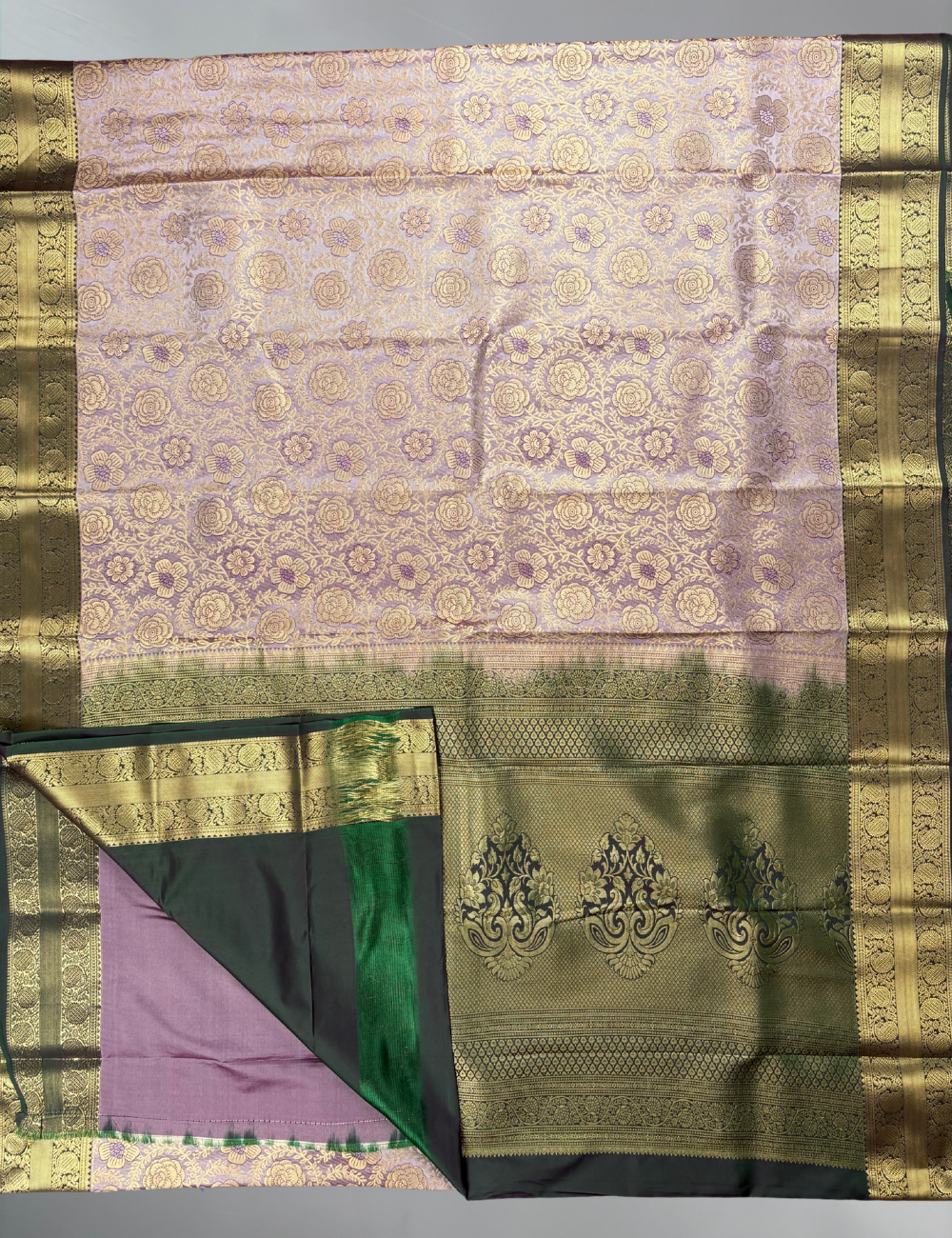 Lilac Soft Semi Silk Kanjivaram Saree with Antique Gold Floral Border