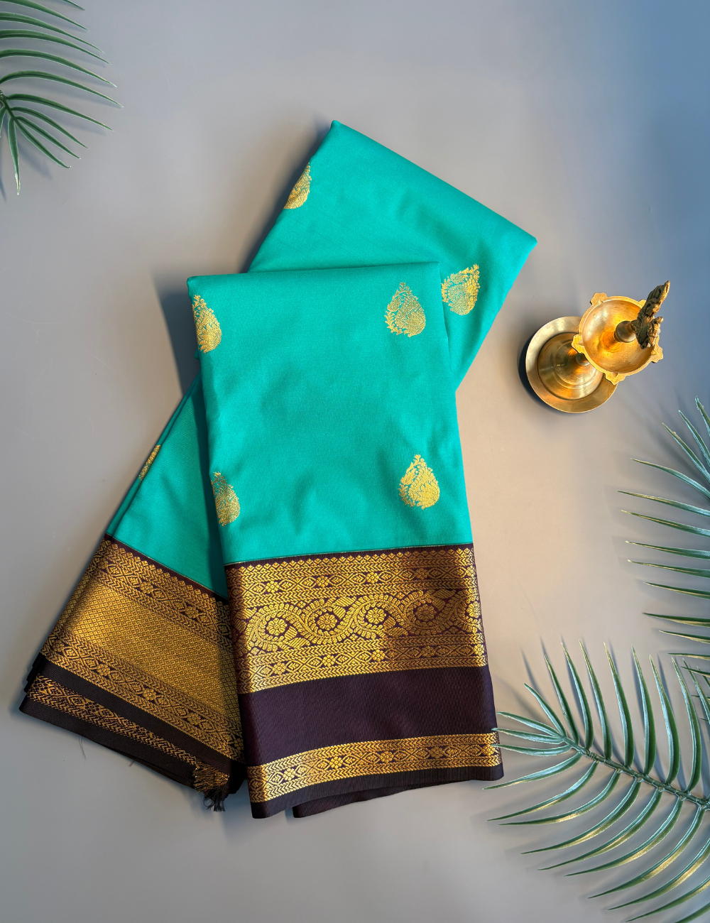 Rama Green Dark Purple Semi Silk Saree with Rich Golden Zari Border