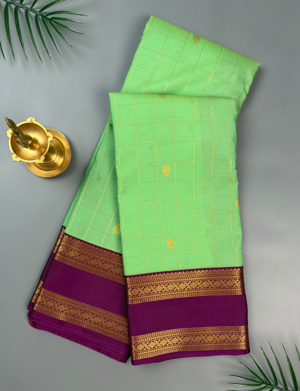 Light green Soft Semi Silk Kanjivaram Saree with Magenta Korvai Zari Border