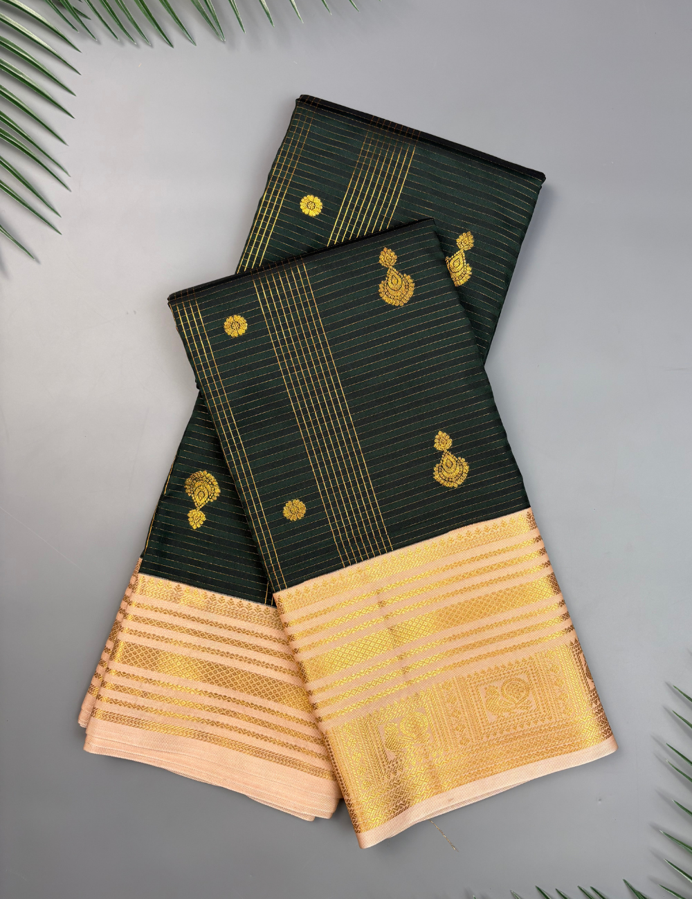 Bottle green soft semi silk kanjivaram saree with korvai peach border