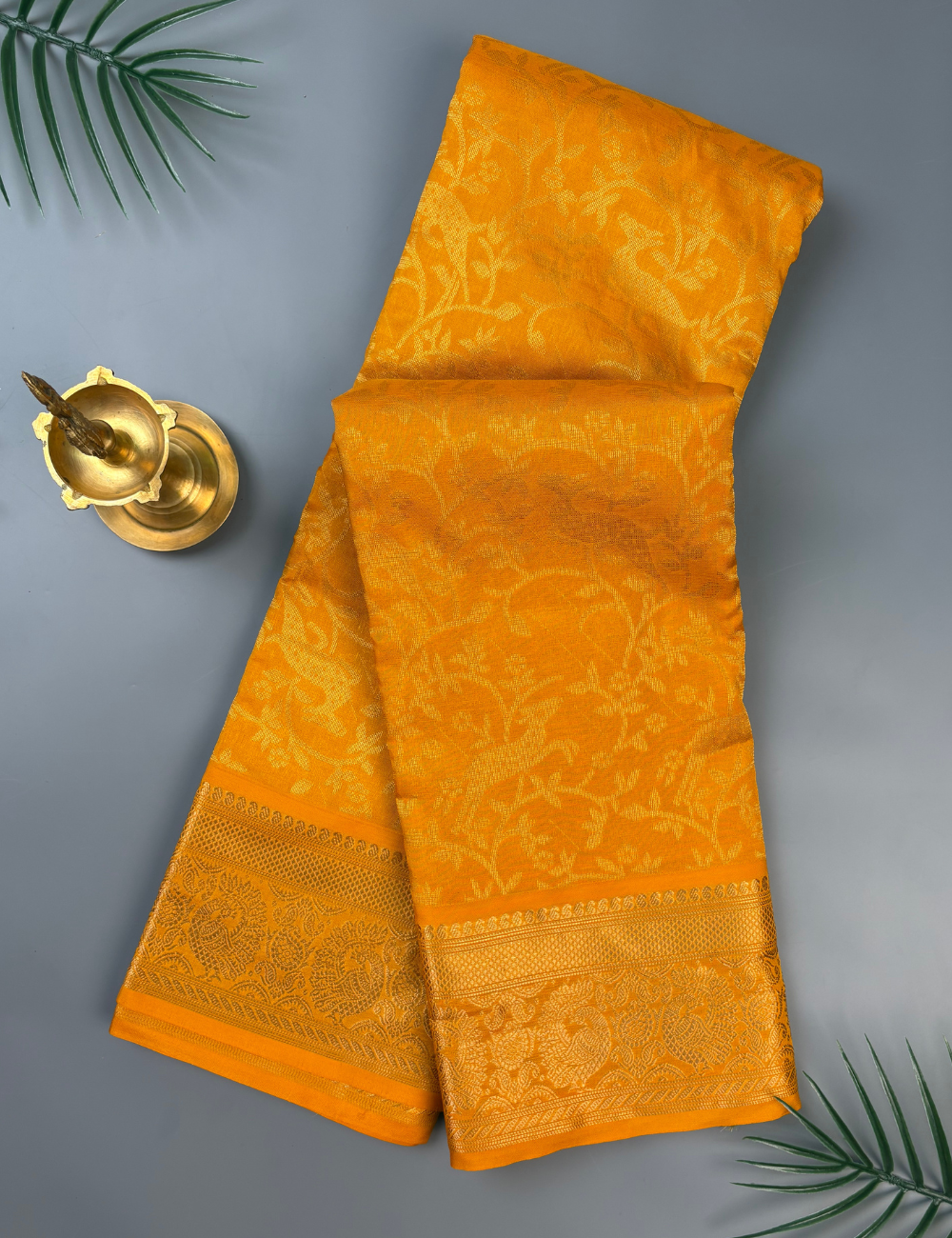 Mango Yellow Silk Cotton Kanjivaram Saree with Classic Green Rich Zari Border