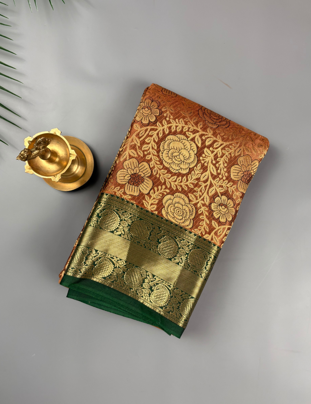Elegant Rust Orange FLoral Brocade Semi Silk Saree with Antique Gold Border