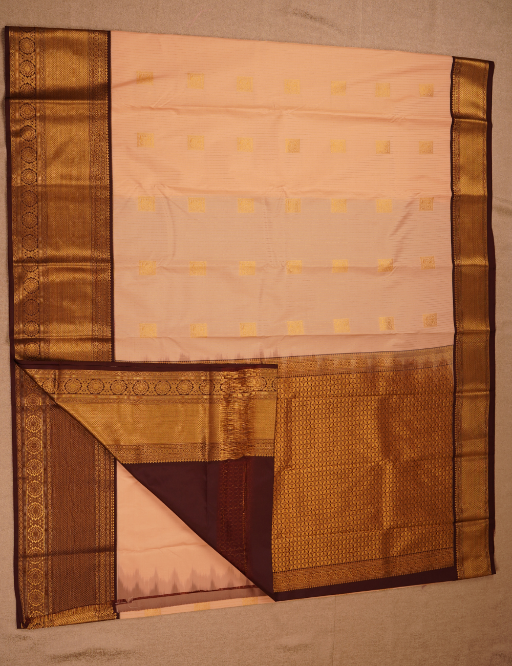 Peach Soft Semi Silk Kanjivaram Saree with Brown Zari Border