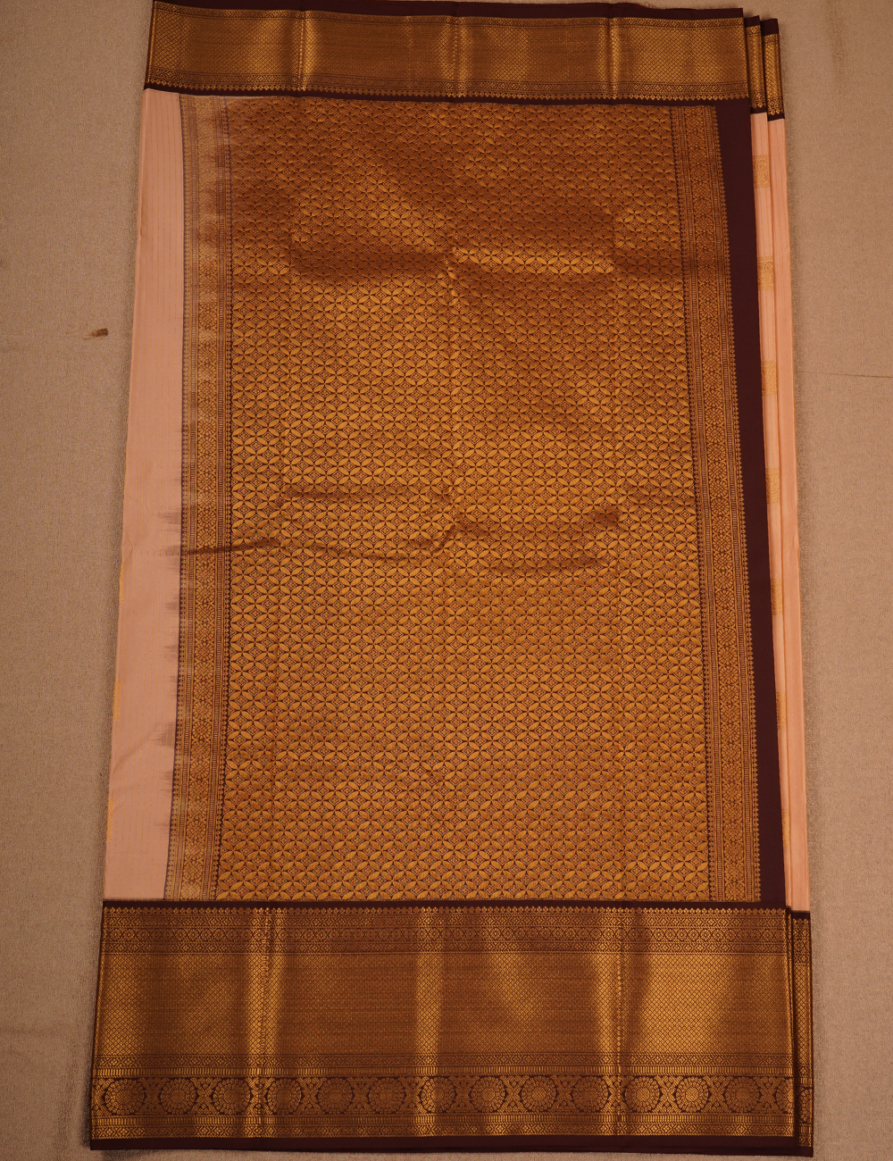 Peach Soft Semi Silk Kanjivaram Saree with Brown Zari Border