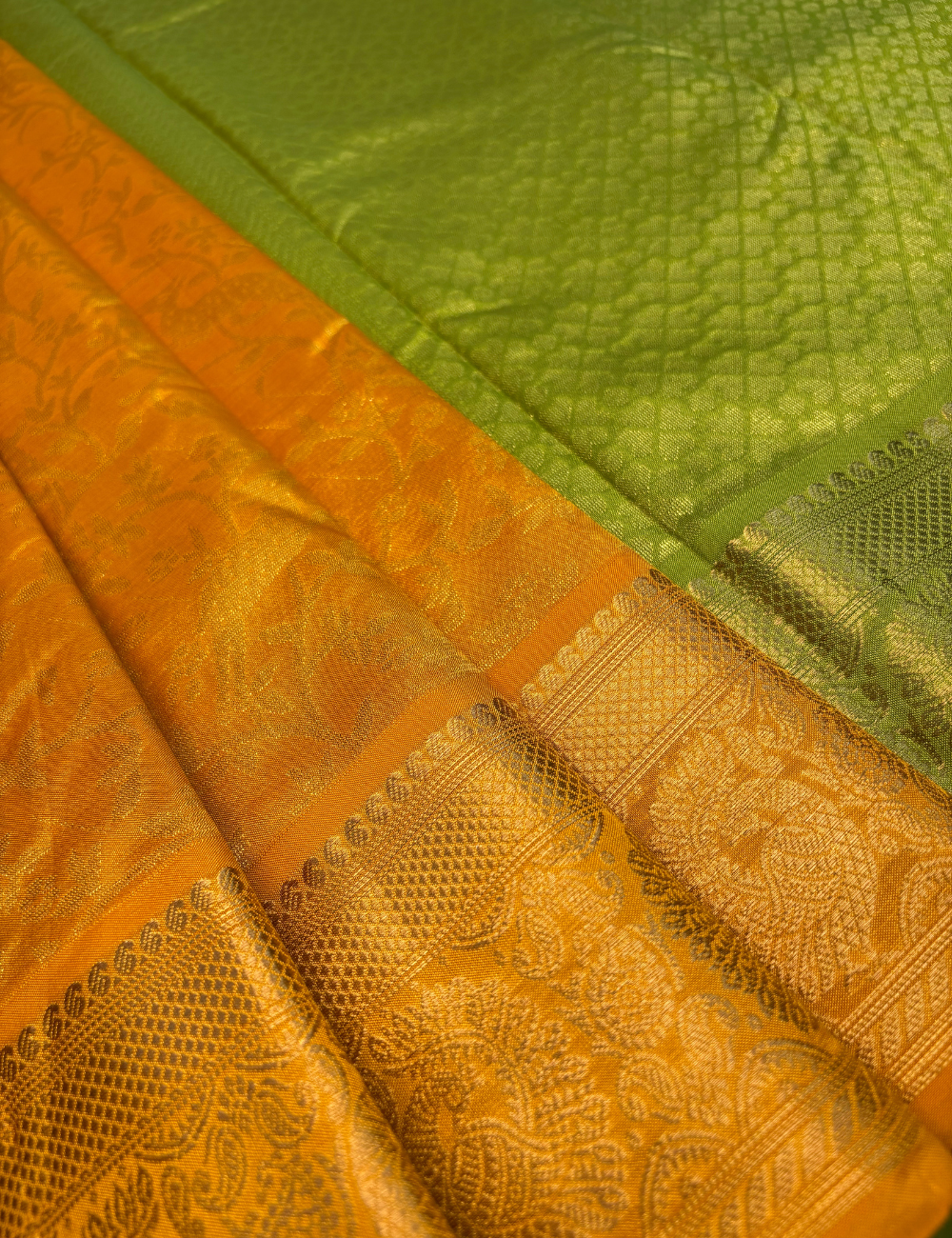 Mango Yellow Silk Cotton Kanjivaram Saree with Classic Green Rich Zari Border