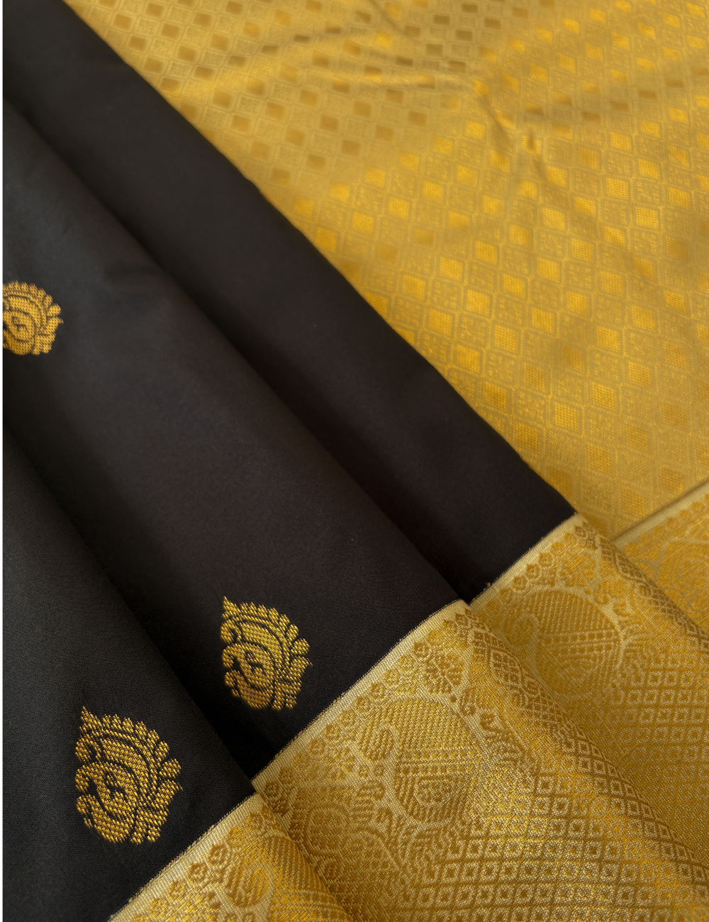 Black Soft Semi Silk Kanjivaram Saree with Half white Zari Border