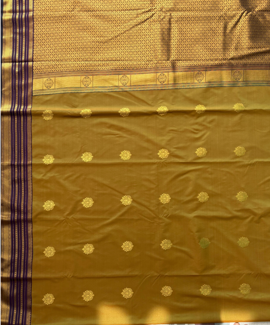 Olive Green with deep Purple Semi Silk Kanjivaram Saree with Traditional Gold Zari Border