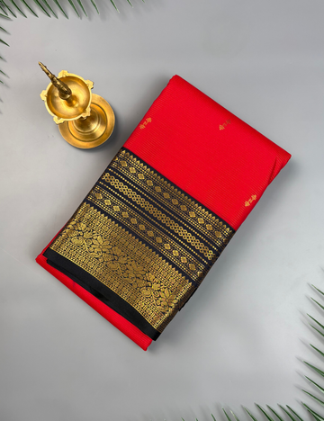 Red Kanjivaram Style Semi Silk Saree with Navy Blue Rich Golden Zari Border