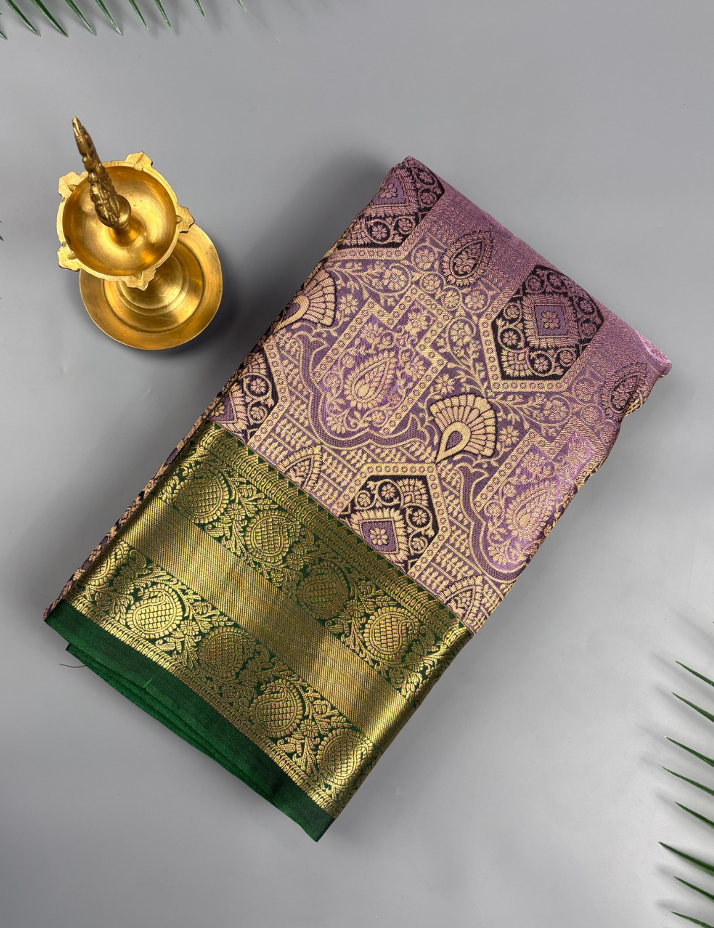 Lavender Purple Brocade Kanjivaram Semi Silk Saree with Antique Gold Zari Green Border