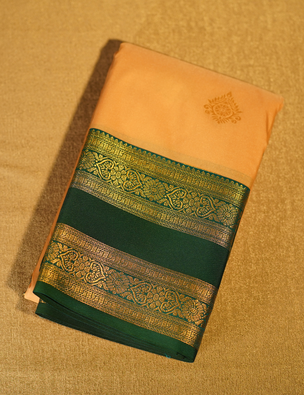 Peach Soft Semi Silk Kanchipuram Saree with Emerald Green Zari Border