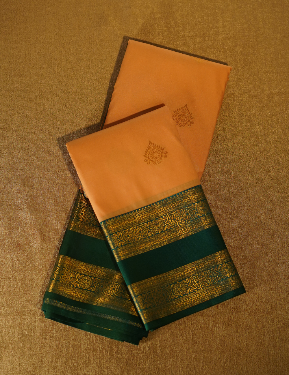 Peach Soft Semi Silk Kanchipuram Saree with Emerald Green Zari Border