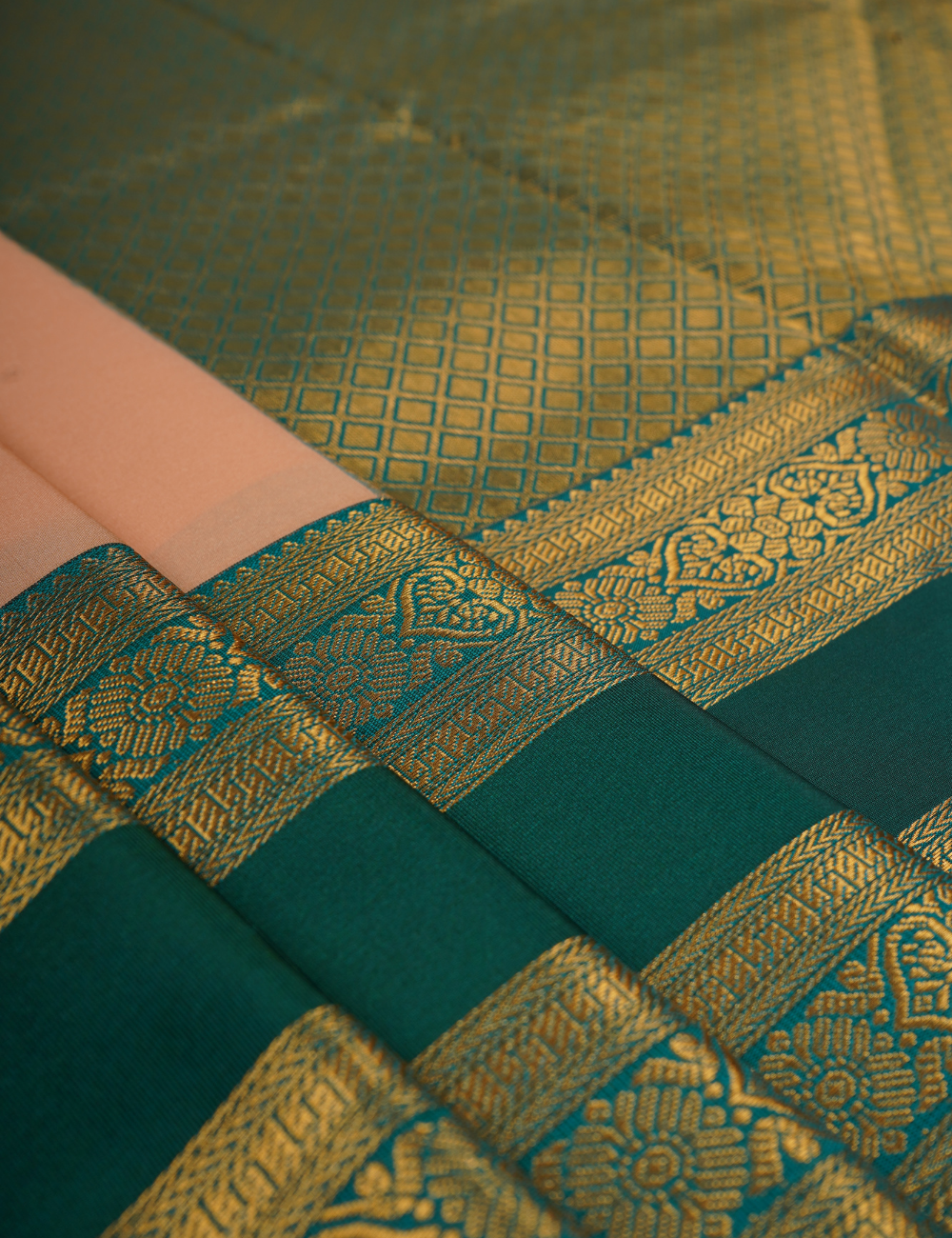 Peach Soft Semi Silk Kanchipuram Saree with Emerald Green Zari Border