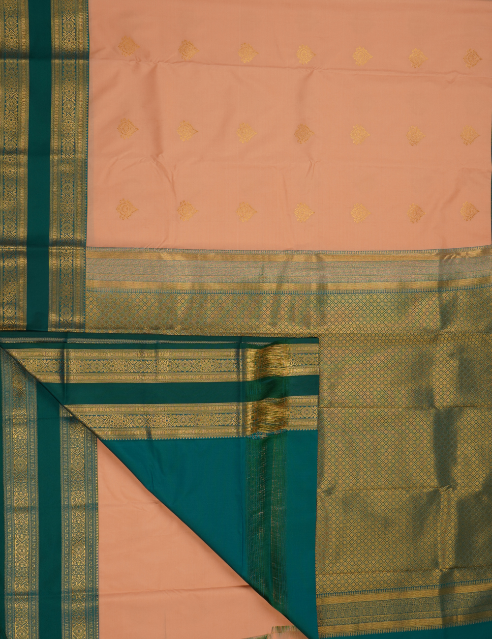 Peach Soft Semi Silk Kanchipuram Saree with Emerald Green Zari Border