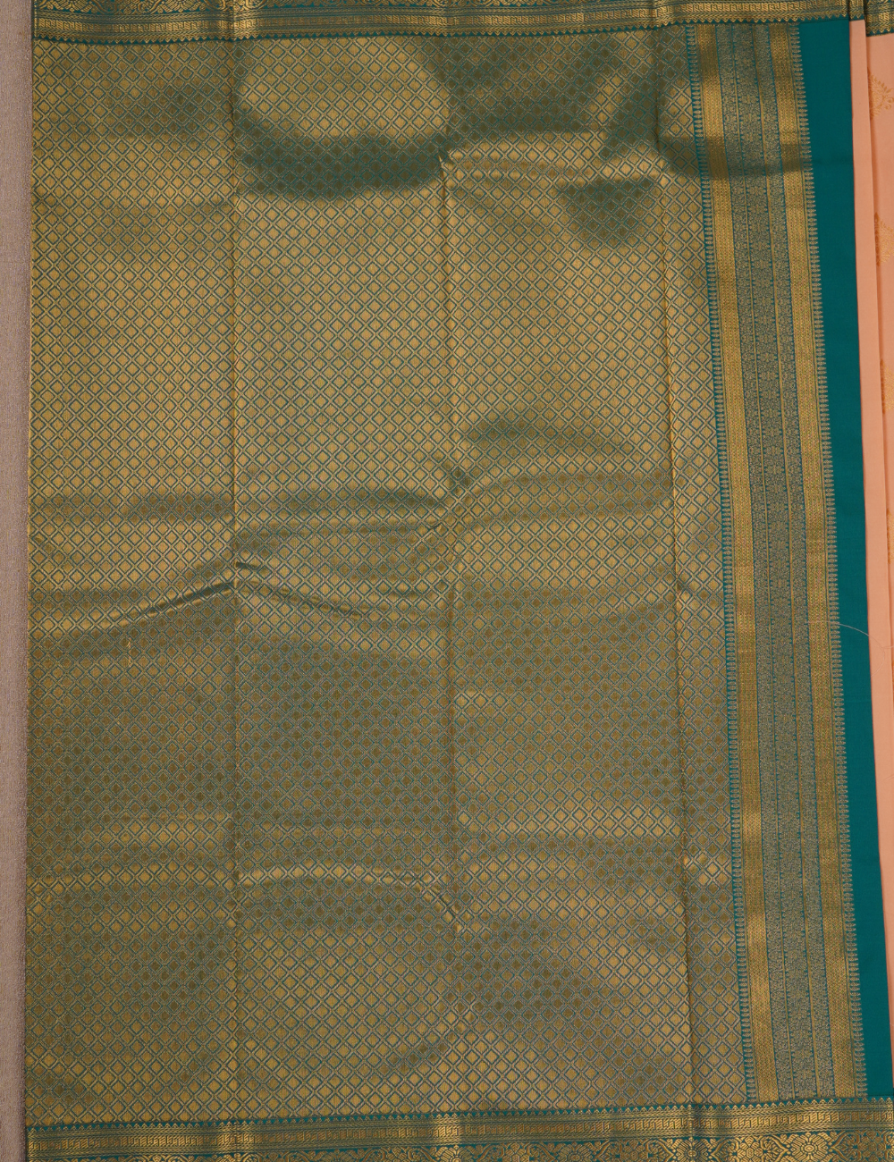 Peach Soft Semi Silk Kanchipuram Saree with Emerald Green Zari Border