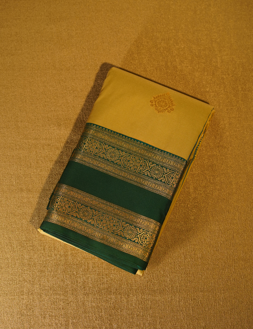 Cream Gold Soft Semi Silk Kanchipuram Silk Saree with Emerald Green Zari Border
