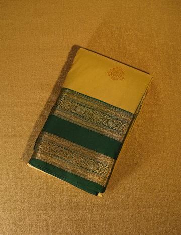 Cream Gold Soft Semi Silk Kanchipuram Silk Saree with Emerald Green Zari Border