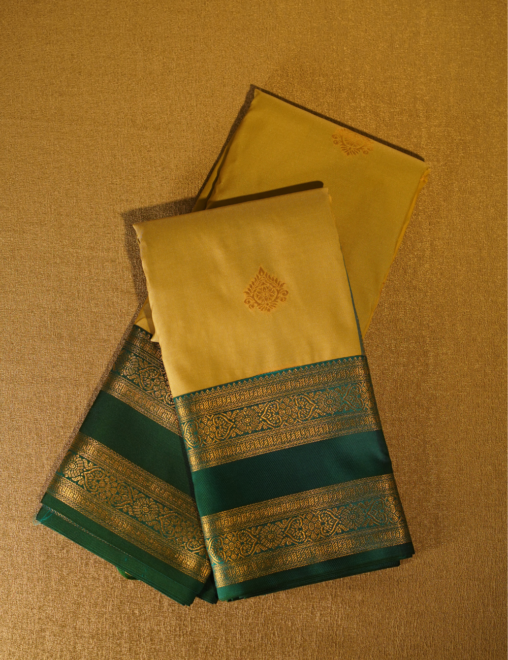Cream Gold Soft Semi Silk Kanchipuram Silk Saree with Emerald Green Zari Border