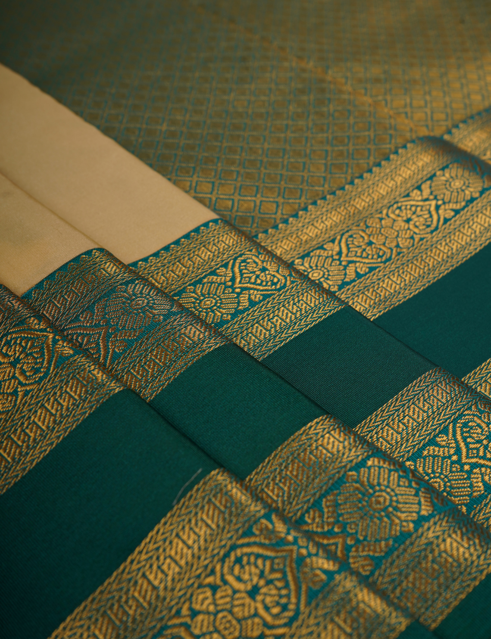 Cream Gold Soft Semi Silk Kanchipuram Silk Saree with Emerald Green Zari Border