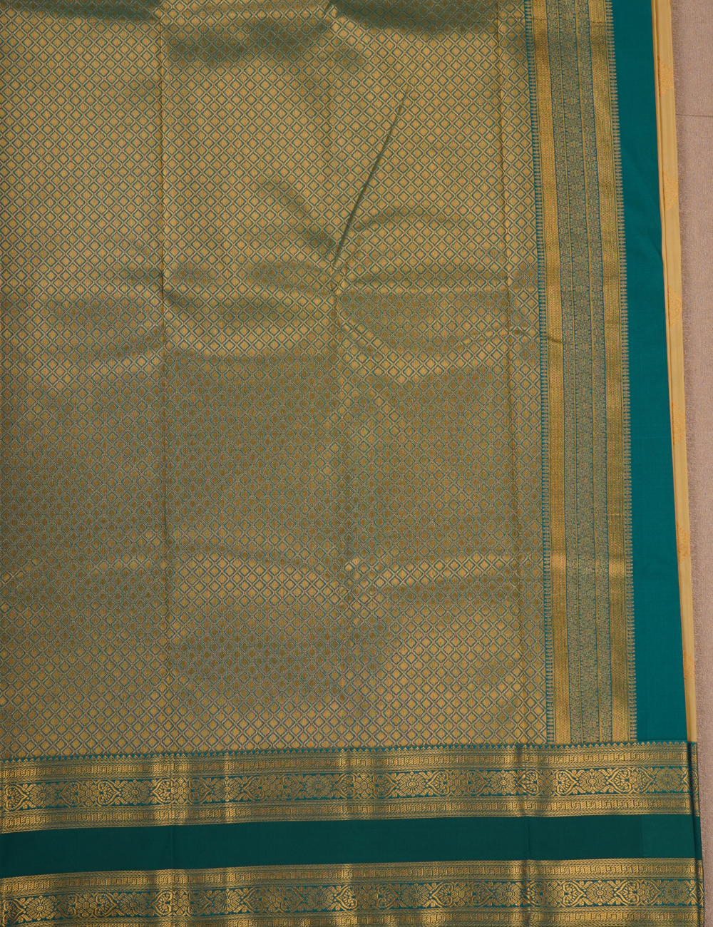 Cream Gold Soft Semi Silk Kanchipuram Silk Saree with Emerald Green Zari Border