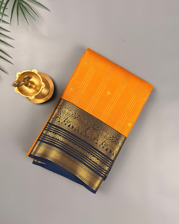 Mustard Yellow Soft Semi Silk Kanjivaram Saree with Navy Blue Border