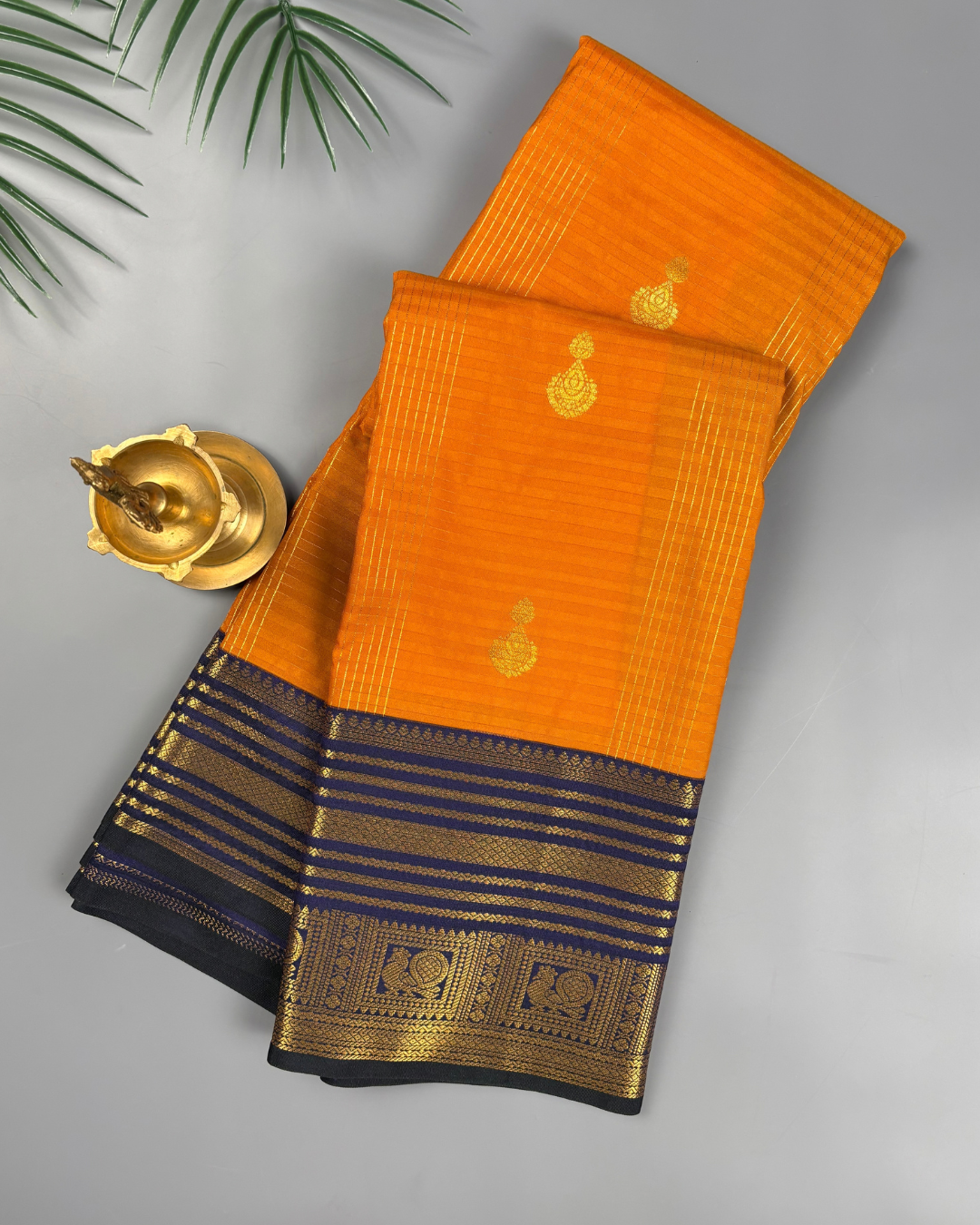 Mustard Yellow Soft Semi Silk Kanjivaram Saree with Navy Blue Border
